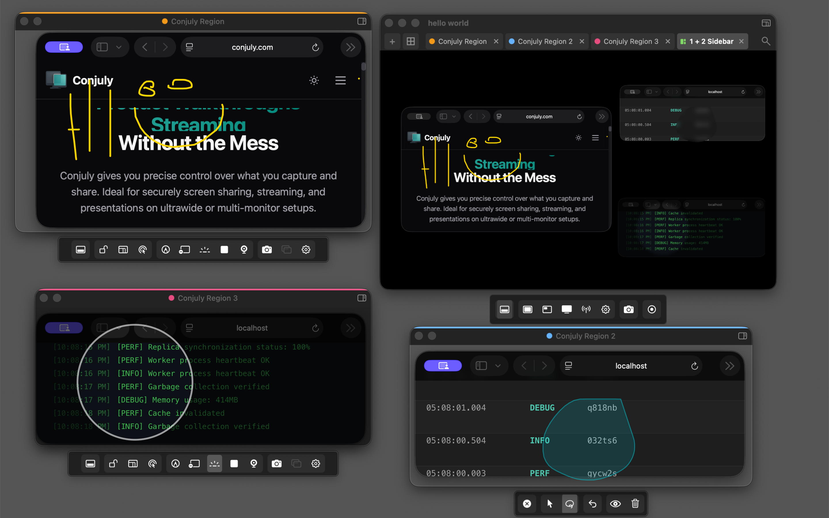 Grid Mirror compositing multiple screen regions into one shareable window